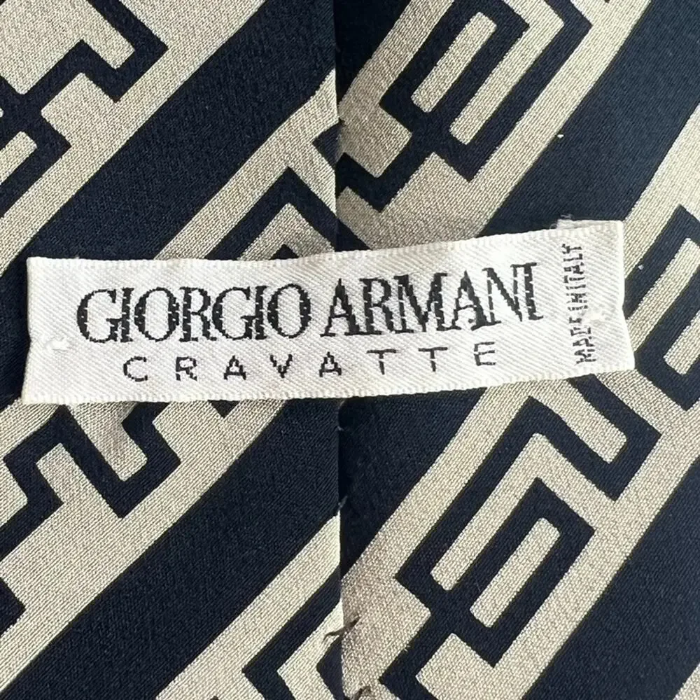 Giorgio Armani Necktie Men's Cravatte 100% Pure Silk Tan & Black Greek Key
